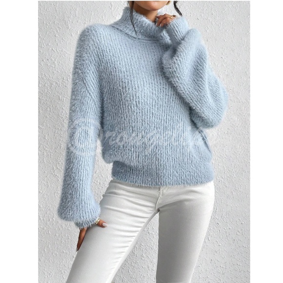 Light Blue Soft Fuzzy Turtleneck Pullover Sweater Long Sleeve - Picture 4 of 9